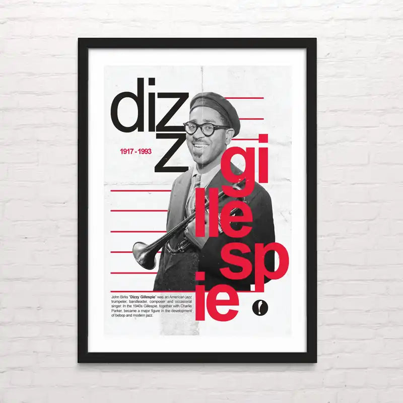 Dizzy Gillespie. Póster moderno de un trompetista de jazz en escenario iluminado.