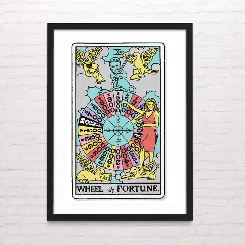 Rueda de la fortuna Carta del tarot reinterpretada en estilo cómic – impresión detallada