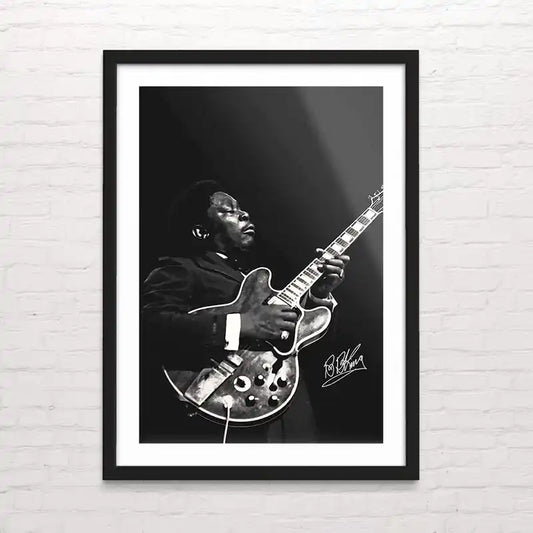 Póster artístico de BB king, diseño en blanco y negro con estilo vintage.