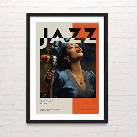 Billie Holiday - Póster estilo vintage de un músico de jazz con saxofón en tonos cálidos
