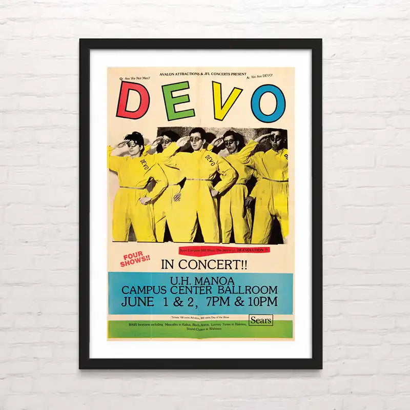 Póster musical de Devo Concierto en Campus Center con fondo artístico – impresión de alta calidad
