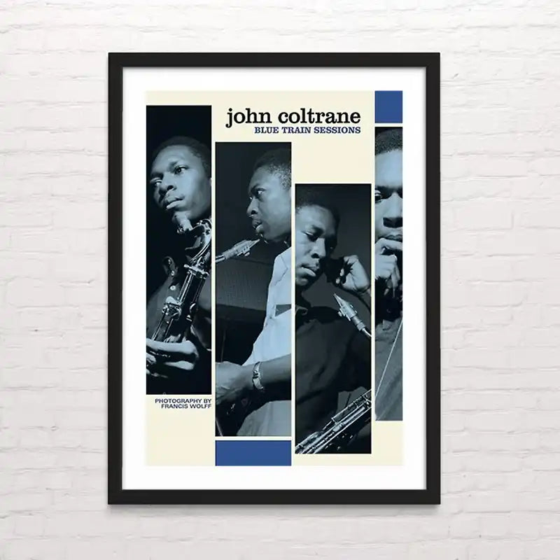 Póster artístico de John coltrane tocando el saxo, diseño en blanco y negro con estilo vintage