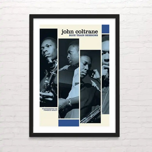 Póster artístico de John coltrane tocando el saxo, diseño en blanco y negro con estilo vintage