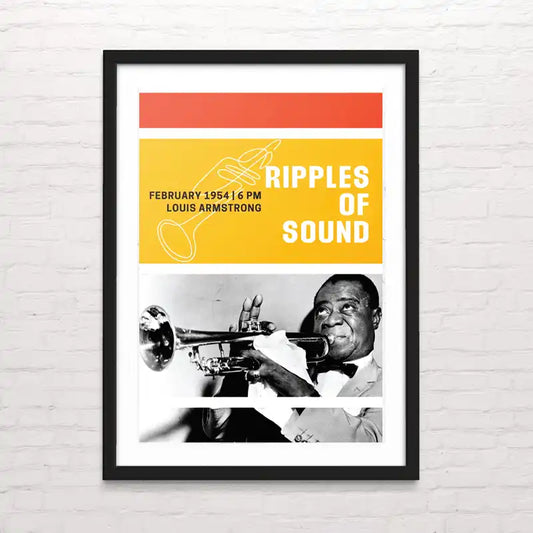 Louis Armstrong ripples of sound. Diseño tipo cartel con elementos icónicos del jazz: saxofón, piano y trompeta