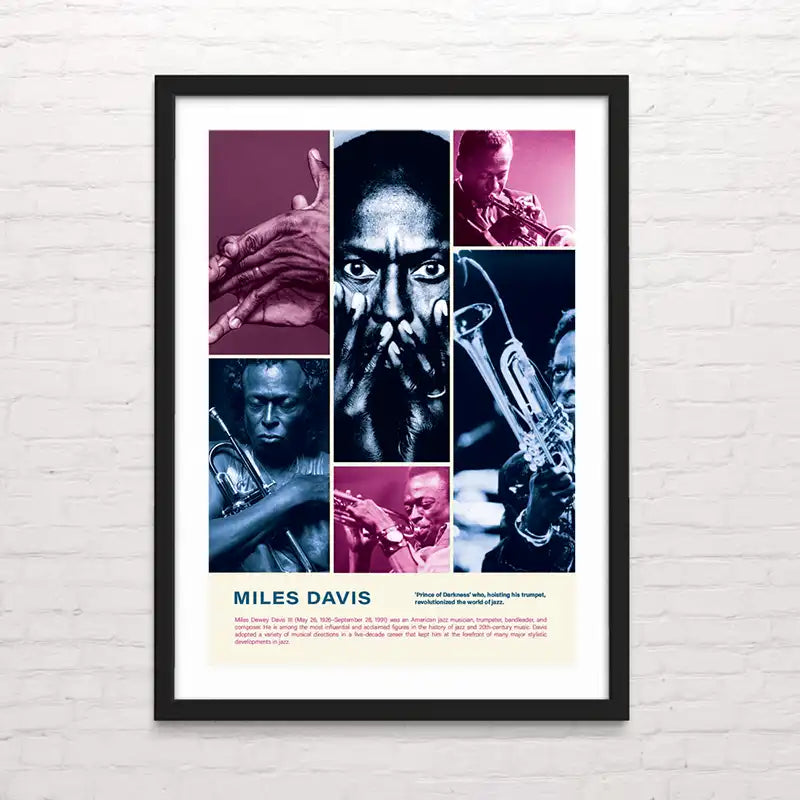 Póster artístico de Miles Davis tocando la trompeta, diseño en blanco y negro con estilo vintage.
