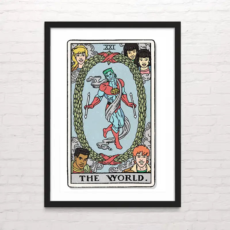 Póster de tarot con estética caricaturesca – impresión premium. The World. Posterinc.cl