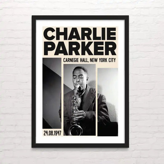 Ilustración artística de un Charlie Parker tocando jazz en una escena nocturna.