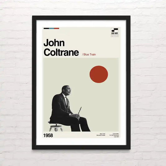 "Póster vintage de john coltrane interpretando jazz en el escenario con fondo minimalista."